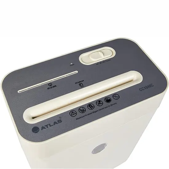 Cross-cut paper shredder with 17.4l wastebin CC1040, shreds paper into unreadable strips 4*29mm; 220 mm wide paper entry slot, Shredding capacity 10 pages. Auto start / stop. Weight 4.7kg. Input 230 Volt