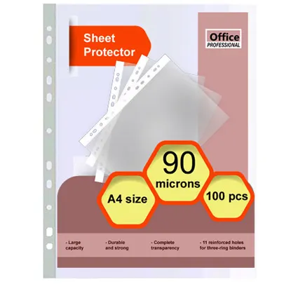 High quality sheet protectors, A4, polyethylene, 90 microns, transparent, 100 pcs in a pack.