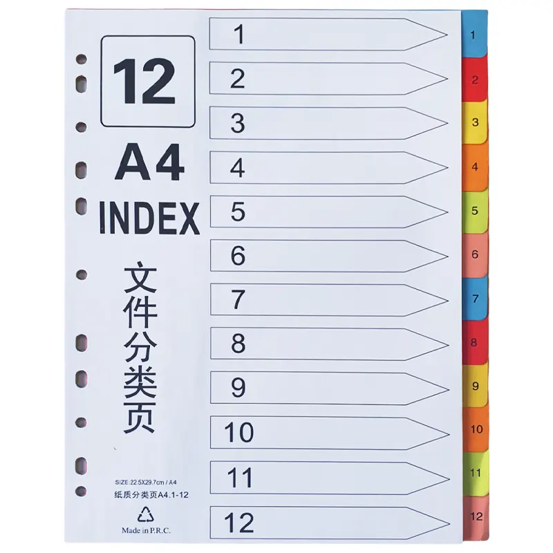 Page divider, paper, A4 format, colored, numeric, 12 sections