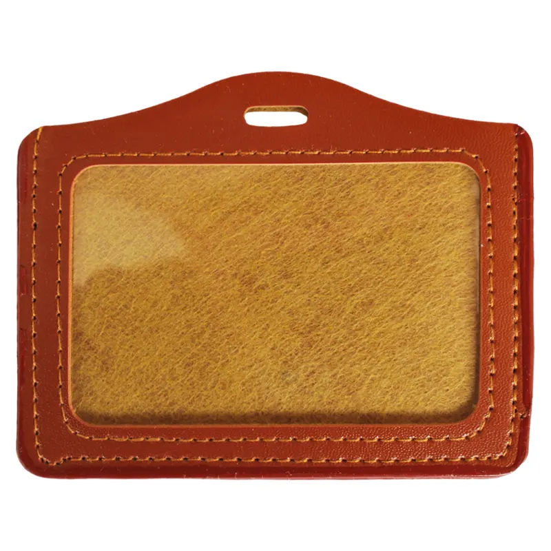 Badge from a leather substitute and top clip hole. Dimensions 102 * 73 mm. Clip can be substituted with badge necklace