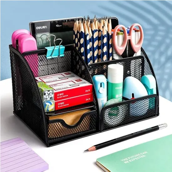 Large capacity mesh metal tray for stationery, 6 divisions