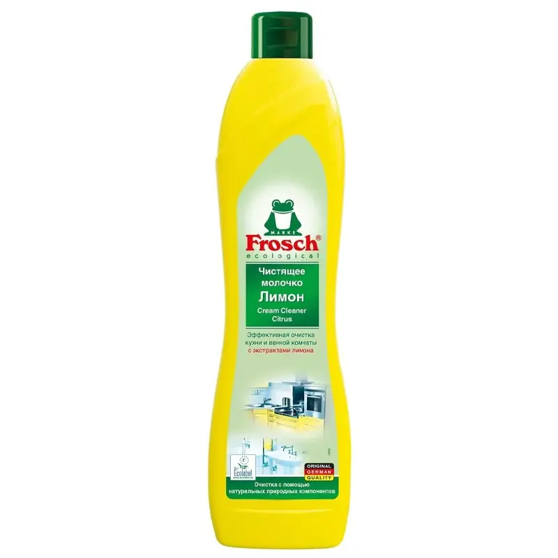 Scouring Cream Frosch, 500ml. Optimally dissolves all types of dirt in the kitchen and bathroom. • Ideal for ceramic, enamel, stainless steel, and glass surfaces, as well as electric and glass ceramic cooking surfaces
