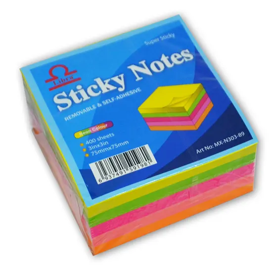 Sticky Notes, 76mm x 76mm, 400 pages, 5 neon colors.