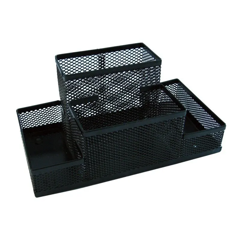 Desktop tray 4 sections: for paper notes, for pens, and clips. Metalic, black