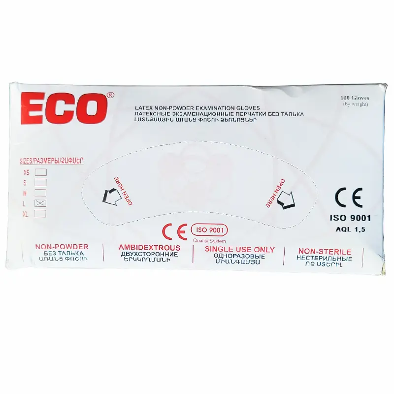 Սպիտակ ECO լատեքսային ձեռնոցների տուփ M չափի, 100 հատ։ Նախատեսված է հիգիենիկ պաշտպանության համար։