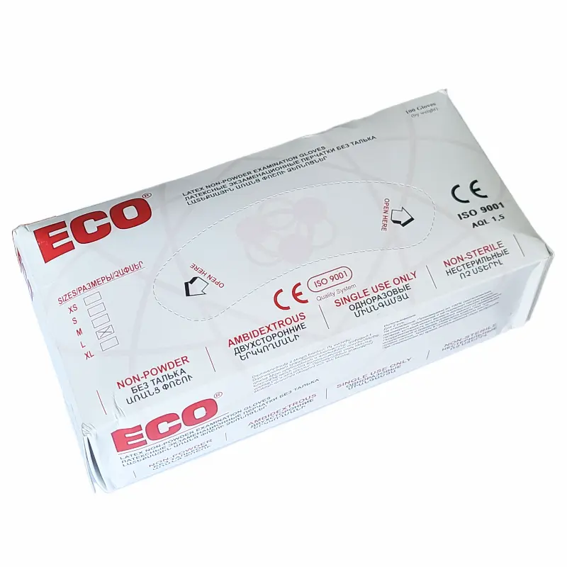 Սպիտակ տուփում ECO լատեքսային, առանց փոշու, միանգամյա ձեռնոցներ, L չափ, 100 հատ, հարմար գրասենյակային օգտագործման համար