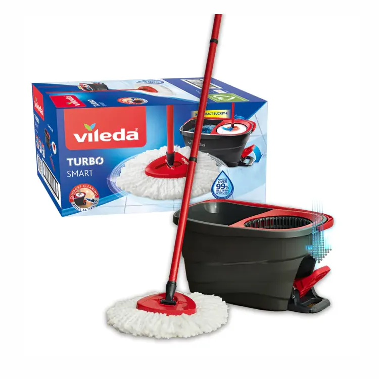 Vileda TURBO SMART floor cleaning system. Reach under furniture. Machine washable mop head. Easy to use.