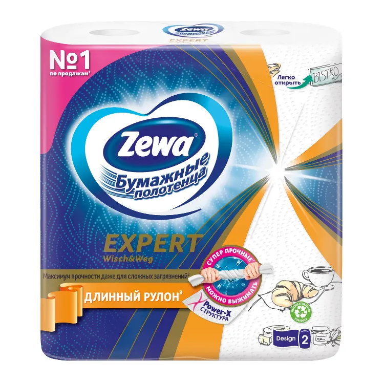 Kitchen towel Zewa Wisch & Weg, can be squeezed, 72 sheets per roll, size of one sheet 26*24 cm. 2 rolls in pack
