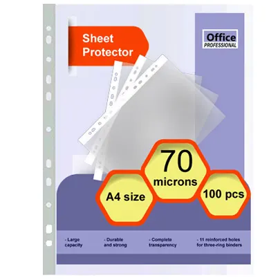 High quality sheet protectors, A4, polyethylene, 70 microns, transparent, 100 pcs in a pack.