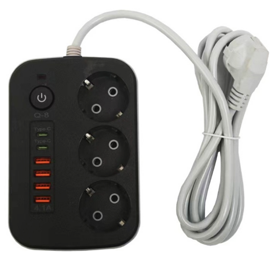 Երկարիչ եռբնանի, 4 USB, 2 Type-C մուտքով, ընդանուր անջատիչով և 2 մ ամուր լարով, 10Ա, 250Վ