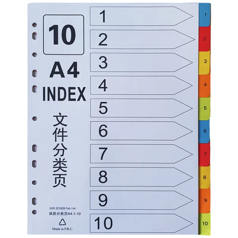 Paper divider, A4 format, colored, numeric, 10 sections