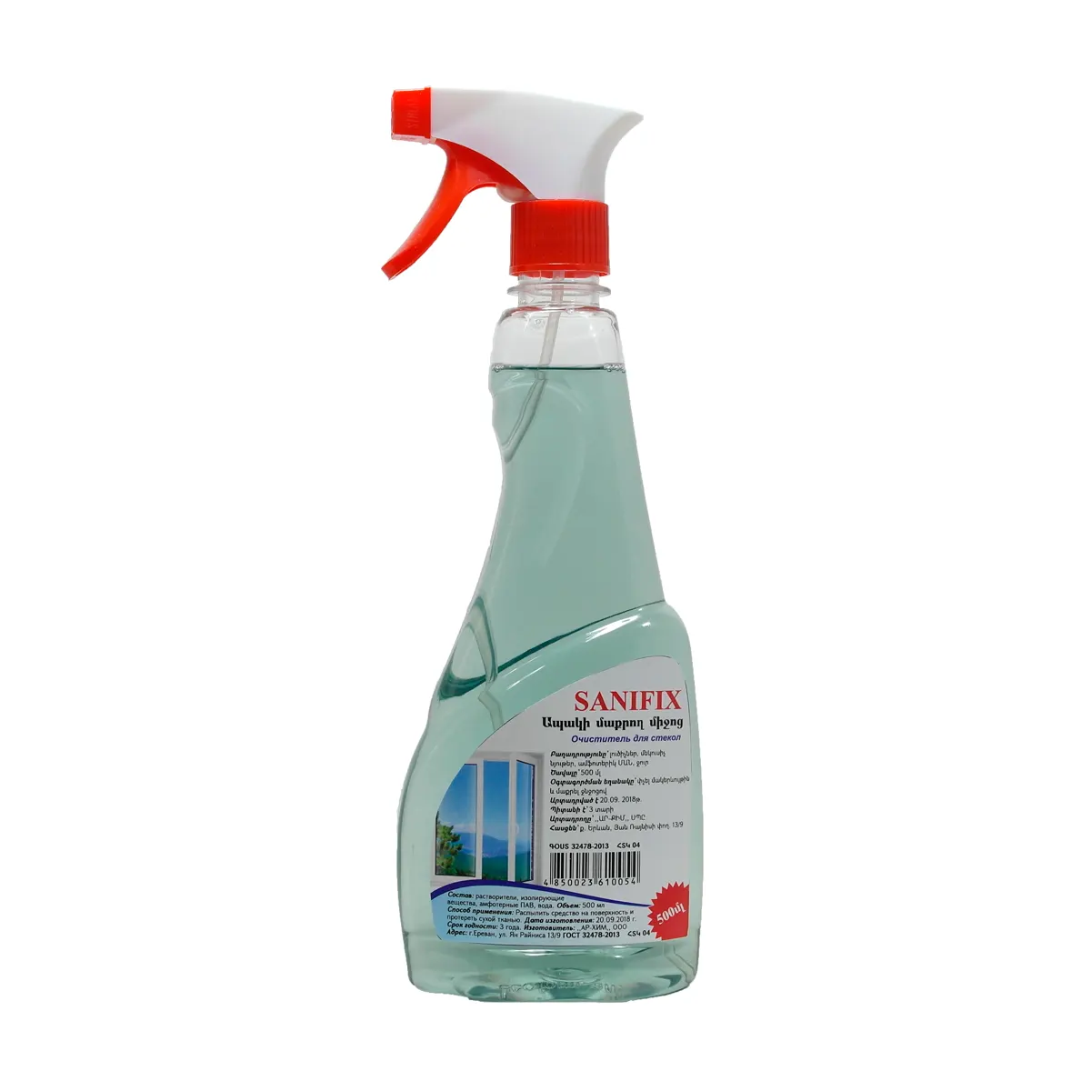 Cleaning liquid for glass surfaces, contains alcohol, with pulverizer, 500 ml.