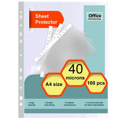 High quality sheet protectors, A4 size, polyethylene, 40 microns, transparent, 100 pcs in a pack.