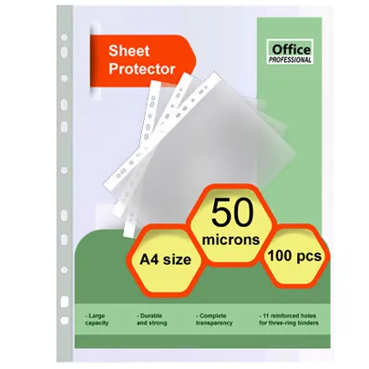 High quality sheet protectors, A4, polyethylene, 50 microns, transparent, 100 pcs in a pack.