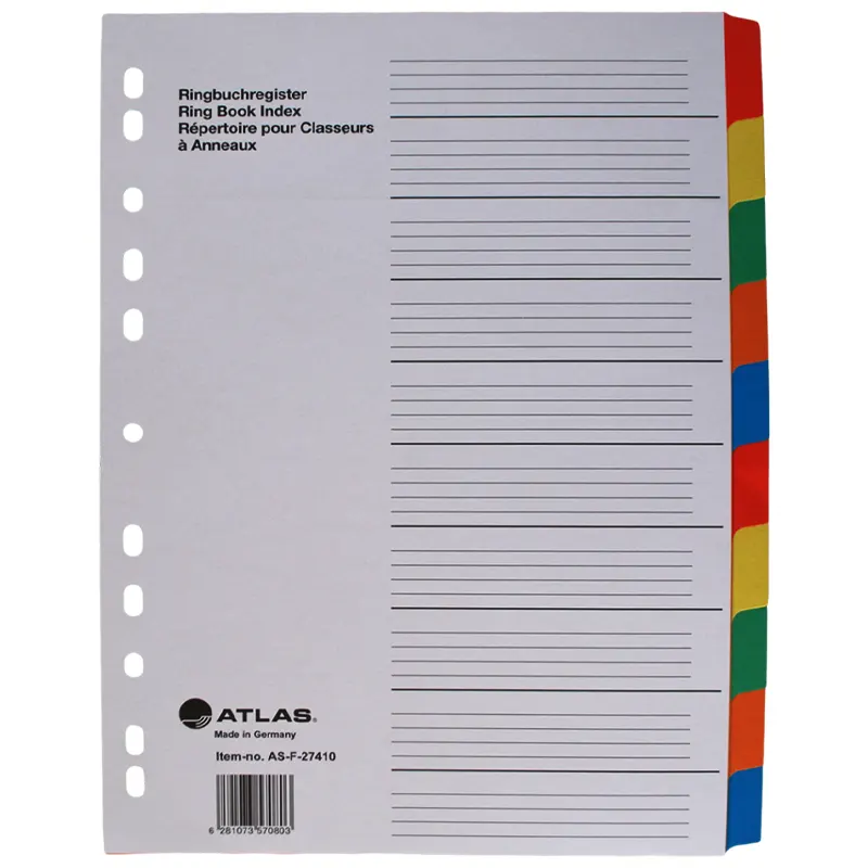 Paper divider, A4 format, colored,10 sections