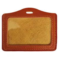 Badge from a leather substitute and top clip hole. Dimensions 102 * 73 mm. Clip can be substituted with badge necklace
