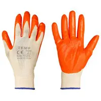 Gloves made of synthetic thread, nitrile coated, pair weight 40 gr. (white with orange coating)