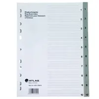 Page separator, plastic, A4 format, numeric, gray, 10 sections.