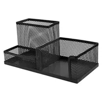 Desktop tray 3 sections: for paper notes, for pens, and clips. Metalic, black